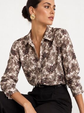 Frame 100% Silk Cream Floral Button-Up Blouse with Brown and Red Paisley